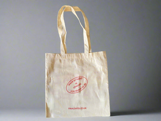 Back of Final Dates branded tote bag with made by hand for mums-to-be stamp
