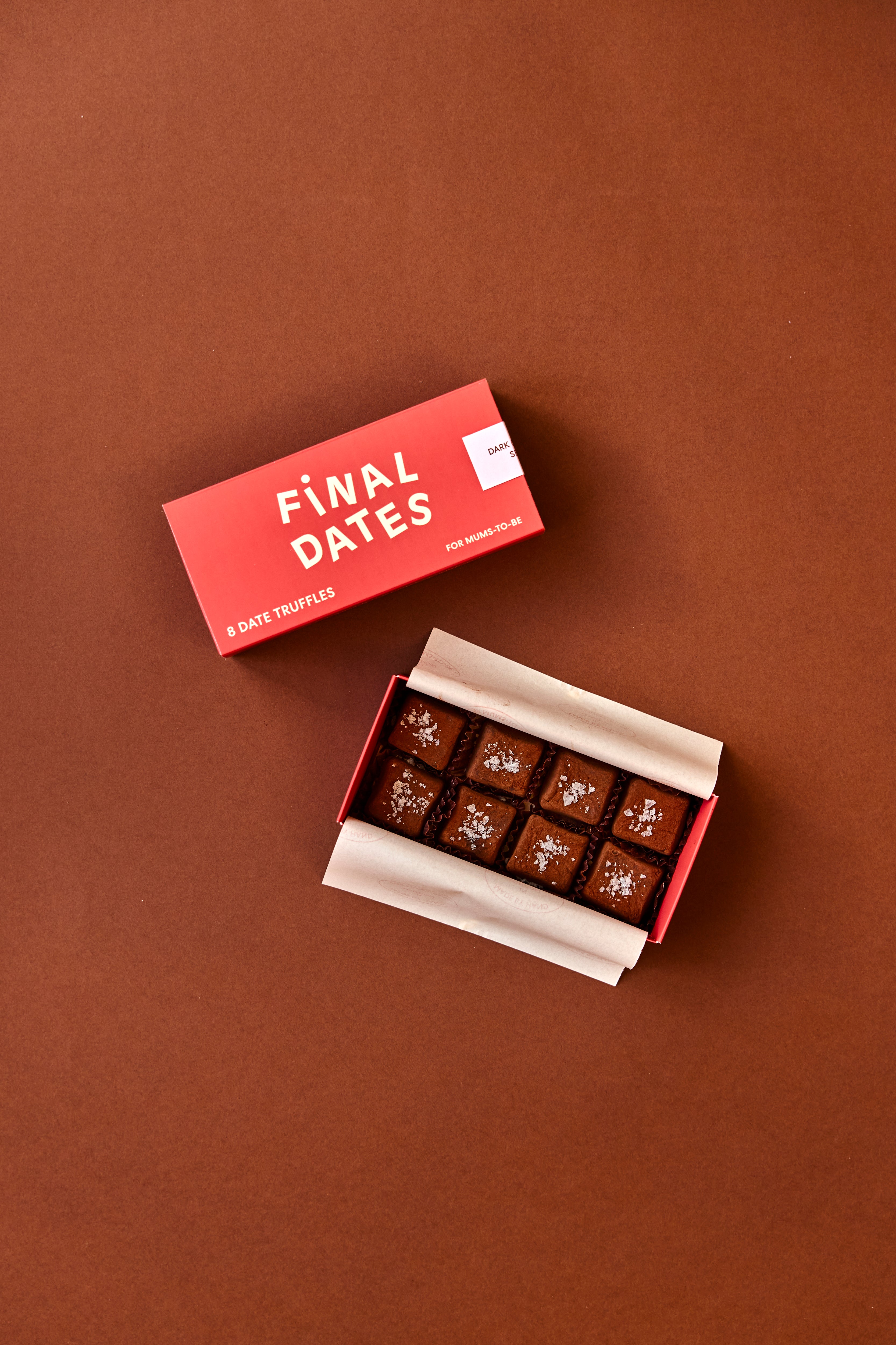 open Box of chocolates date truffles for mums-to-be  labeled 'Final Dates' on a brown background