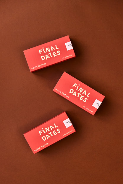 Three full-size boxes labeled 'Final Dates' date truffles for mums-to-be on a brown background