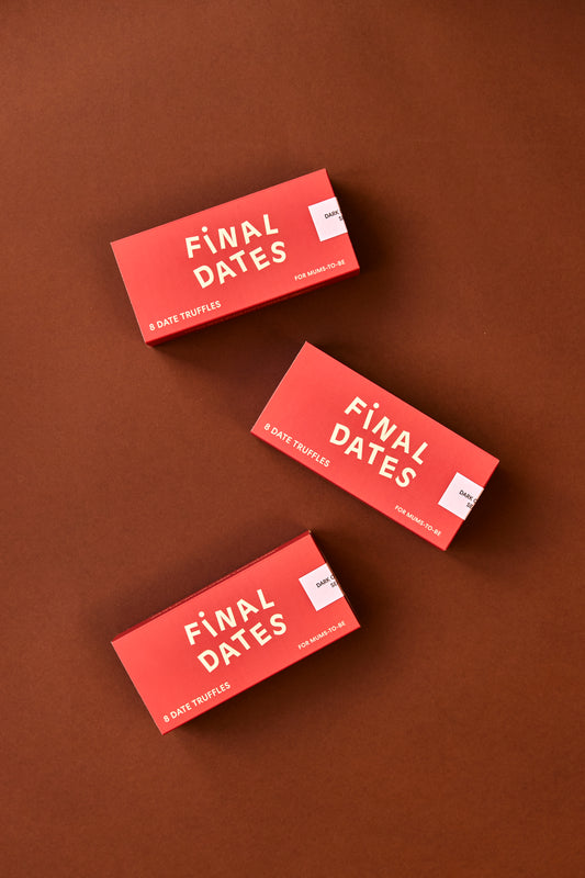Three full-size boxes labeled 'Final Dates' date truffles for mums-to-be on a brown background