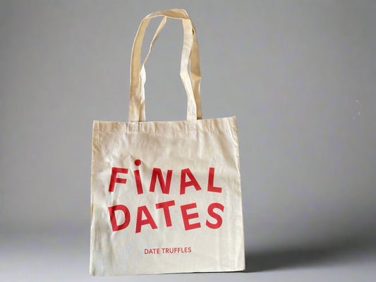 Final Dates branded tote bag, eco-friendly reusable shopper, designed in London