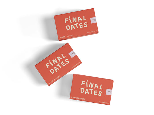 Three 8-pack boxes of Final Dates date truffles with poppy branding , presented on a white background. 