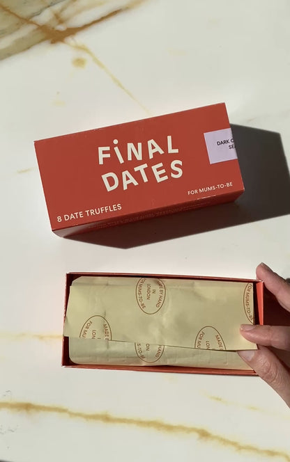 Unboxing Final Dates chocolate date truffles—handmade, decadent functional chocolate for pregnant women in their final weeks, may support a smoother labour