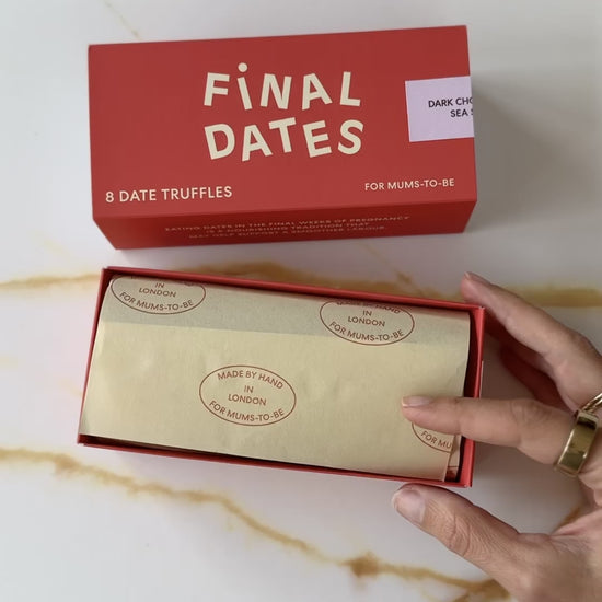 Unboxing Final Dates chocolate date truffles—handmade, decadent functional chocolate for pregnant women in their final weeks, may support a smoother labour