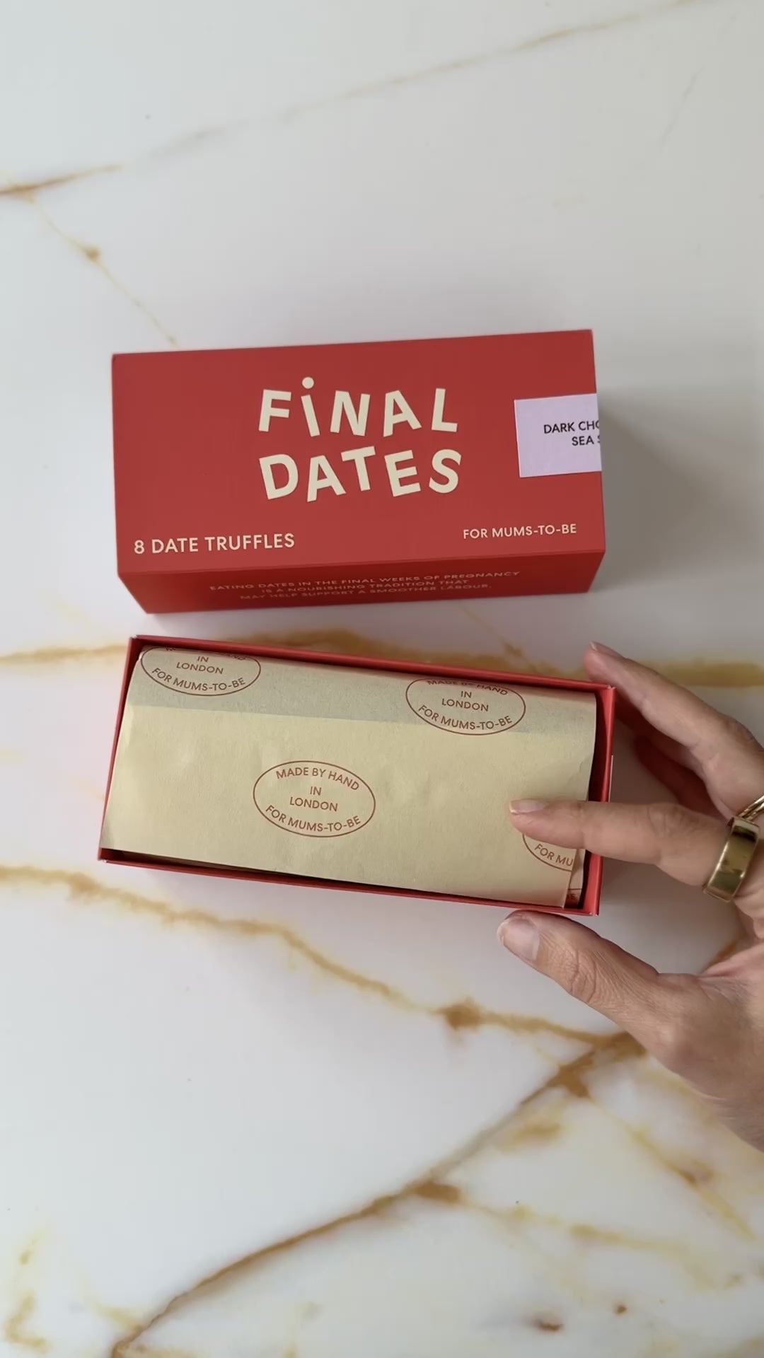 Unboxing Final Dates chocolate date truffles—handmade, decadent functional chocolate for pregnant women in their final weeks, may support a smoother labour